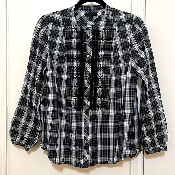 J. Crew Plaid Button Down/Tunic with Black Beading/Embellishments - Picture 2 of 9